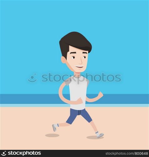 Caucasian man jogging on the beach. Sporty male athlete running on the beach. Young man running along the seashore. Fit man enjoying jogging on beach. Vector flat design illustration. Square layout.. Young sporty man jogging on the beach.