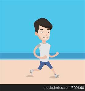 Caucasian man jogging on the beach. Sporty male athlete running on the beach. Young man running along the seashore. Fit man enjoying jogging on beach. Vector flat design illustration. Square layout.. Young sporty man jogging on the beach.