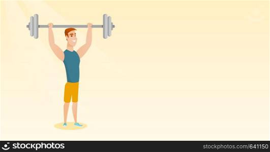 Caucasian man lifting a heavy weight barbell. Young strong sportsman doing exercise with barbell. Weightlifter holding a barbell above his head. Vector flat design illustration. Horizontal layout.. Man lifting barbell vector illustration.