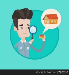 Caucasian man looking for a new house in real estate market. Man using magnifying glass for seeking a house in real estate market. Vector flat design illustration in the circle isolated on background.. Man looking for house vector illustration.