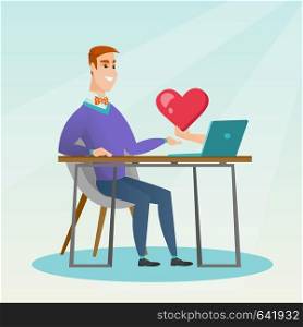 Caucasian man looking for online date on the internet. Young man using a laptop and dating online. Man dating online and getting a virtual love message. Vector flat design illustration. Square layout.. Young man using a laptop online dating.