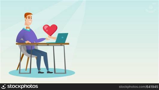Caucasian man looking for online date on the internet. Man using a laptop and dating online. Man dating online and getting a virtual love message. Vector flat design illustration. Horizontal layout.. Young man using a laptop online dating.