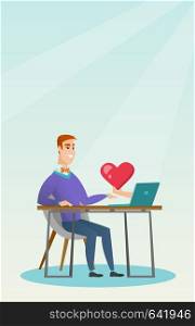 Caucasian man looking for online date on the internet. Man using a laptop and dating online. Man dating online and getting a virtual love message. Vector flat design illustration. Vertical layout.. Young man using a laptop online dating.