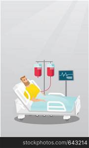 Caucasian man lying in bed in a hospital. Patient resting in hospital bed with a heart rate monitor. Patient during blood transfusion procedure. Vector flat design illustration. Vertical layout.. Man lying in hospital bed vector illustration.