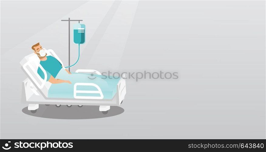Caucasian man lying in hospital bed with an oxygen mask. Man during medical procedure with a drop counter. Patient recovering in bed in a hospital. Vector flat design illustration. Horizontal layout.. Patient lying in hospital bed with oxygen mask.