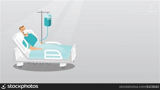 Caucasian man lying in hospital bed with an oxygen mask. Man during medical procedure with a drop counter. Patient recovering in bed in a hospital. Vector flat design illustration. Horizontal layout.. Patient lying in hospital bed with oxygen mask.
