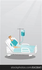 Caucasian man lying in hospital bed with an oxygen mask. Man during medical procedure with a drop counter. Patient recovering in bed in a hospital. Vector flat design illustration. Vertical layout.. Patient lying in hospital bed with oxygen mask.