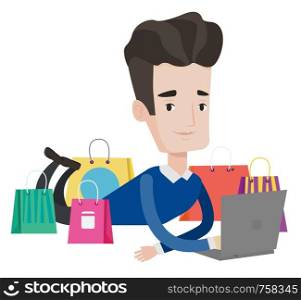 Caucasian man lying on the floor and using laptop for online shopping. Happy man making online shopping order. Man doing online shopping. Vector flat design illustration isolated on white background.. Man shopping online vector illustration.