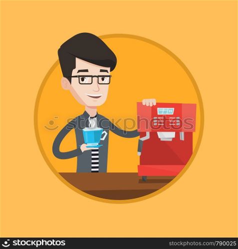 Caucasian man making beverage with a coffee-machine. Man holding cup of coffee in hand. Young man standing beside a coffee machine. Vector flat design illustration in the circle isolated on background. Man making coffee vector illustration.