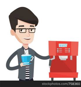 Caucasian man making coffee with a coffee-machine. Man holding cup of hot coffee in hand. Smiling man standing beside a coffee machine. Vector flat design illustration isolated on white background.. Man making coffee vector illustration.