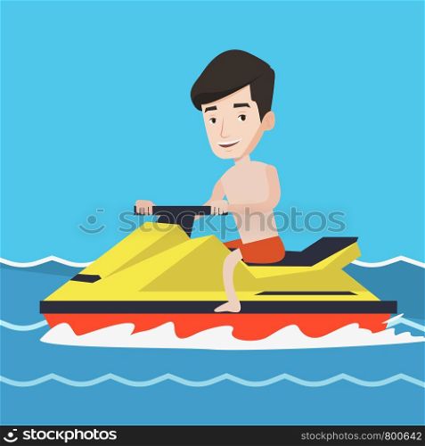Caucasian man on jet ski in the sea at summer sunny day. Young man on a water scooter. Man riding on a water scooter. Excited man training on a jet ski. Vector flat design illustration. Square layout.. Caucasian man training on jet ski in the sea.