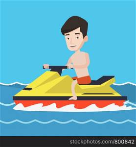 Caucasian man on jet ski in the sea at summer sunny day. Young man on a water scooter. Man riding on a water scooter. Excited man training on a jet ski. Vector flat design illustration. Square layout.. Caucasian man training on jet ski in the sea.