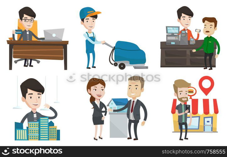 Caucasian man paying wireless with his smartphone at the supermarket checkout . Man making payment for purchase with smartphone. Set of vector flat design illustrations isolated on white background.. Vector set of shopping people characters.