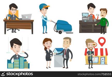 Caucasian man paying wireless with his smartphone at the supermarket checkout . Man making payment for purchase with smartphone. Set of vector flat design illustrations isolated on white background.. Vector set of shopping people characters.