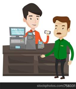 Caucasian man paying wireless with smartphone at the supermarket checkout. Customer making wireless payment for purchase with smartphone. Vector flat design illustration isolated on white background.. Customer paying wireless with smartphone.