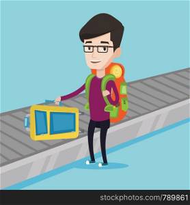 Caucasian man picking up suitcase on luggage conveyor belt at airport. Man collecting his luggage at conveyor belt. Man taking luggage at conveyor belt. Vector flat design illustration. Square layout.. Man picking up suitcase on luggage conveyor belt.