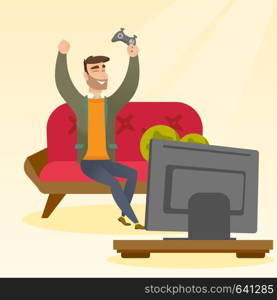 Caucasian man playing a video game. Excited young man playing a video game at home with a console in hands. Man celebrating his victory in a video game. Vector flat design illustration. Square layout.. Man playing a video game vector illustration.