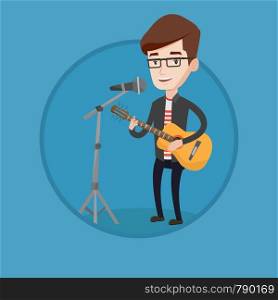 Caucasian man playing guitar. Guitar player singing song and playing an acoustic guitar. Young singer singing into a microphone. Vector flat design illustration in the circle isolated on background.. Man singing in microphone and playing guitar.