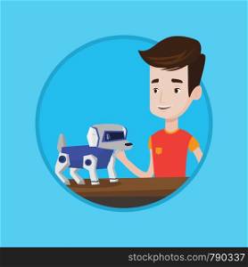 Caucasian man playing with a robotic dog. Smiling man standing near the table with a robotic dog on it. Man stroking a robotic dog. Vector flat design illustration in the circle isolated on background. Happy young man playing with robotic dog.