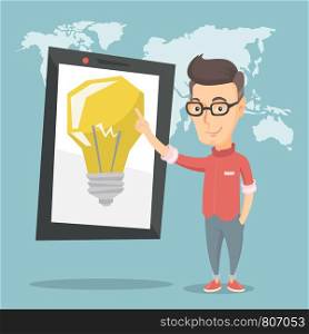 Caucasian man pointing at a big tablet computer with a light bulb on a screen. Smiling man standing near tablet computer on the background of world map. Vector flat design illustration. Square layout.. Man pointing at big tablet computer.