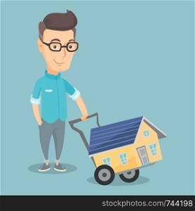 Caucasian man pushing a shopping trolley with a house. Adult smiling man buying a new house. Happy man using shopping trolley to transport a house. Vector flat design illustration. Square layout.. Adult smiling man buying house vector illustration