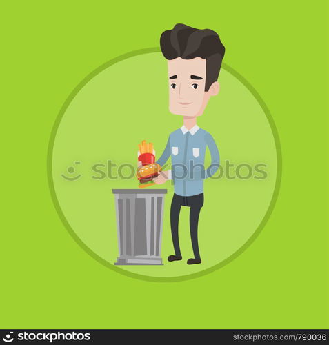 Caucasian man putting junk food into a trash bin. Young man refusing to eat junk food. Man throwing away junk food into trash bin. Vector flat design illustration in the circle isolated on background.. Man throwing junk food vector illustration.