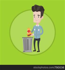 Caucasian man putting junk food into a trash bin. Young man refusing to eat junk food. Man throwing away junk food into trash bin. Vector flat design illustration in the circle isolated on background.. Man throwing junk food vector illustration.