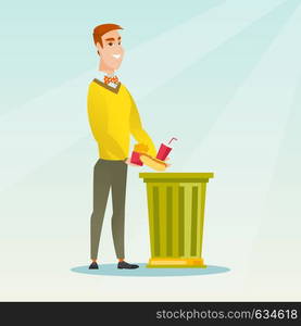 Caucasian man putting junk food into a trash bin. Man refusing to eat junk food. Man rejecting junk food. Man throwing away junk food. Diet concept. Vector flat design illustration. Square layout.. Man throwing junk food vector illustration.