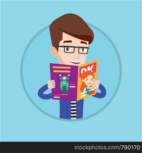 Caucasian man reading a magazine. Man standing with magazine in hands. Guy holding a magazine. Happy man reading news in journal. Vector flat design illustration in the circle isolated on background.. Man reading magazine vector illustration.
