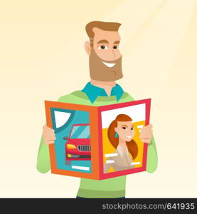 Caucasian man reading a magazine. Young man standing with a magazine in hands. Hipster man holding a magazine. Happy man reading news in a magazine. Vector flat design illustration. Square layout.. Man reading a magazine vector illustration.