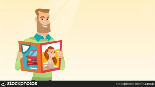 Caucasian man reading a magazine. Young man standing with a magazine in hands. Hipster man holding a magazine. Happy man reading news in a magazine. Vector flat design illustration. Horizontal layout.. Man reading a magazine vector illustration.