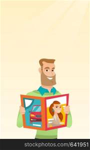 Caucasian man reading a magazine. Young man standing with a magazine in hands. Hipster man holding a magazine. Happy man reading news in a magazine. Vector flat design illustration. Vertical layout.. Man reading a magazine vector illustration.