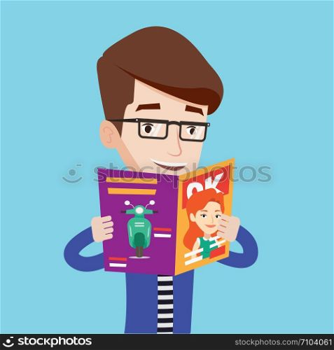 Caucasian man reading a magazine. Young man standing with magazine in hands. Cheerful man holding a magazine. Happy man reading good news in a magazine. Vector flat design illustration. Square layout.. Man reading magazine vector illustration.