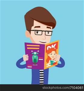 Caucasian man reading a magazine. Young man standing with magazine in hands. Cheerful man holding a magazine. Happy man reading good news in a magazine. Vector flat design illustration. Square layout.. Man reading magazine vector illustration.