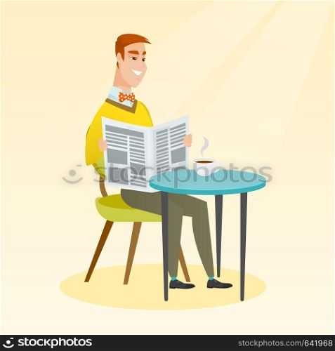 Caucasian man reading a newspaper in a cafe. Young happy man reading news in a newspaper. Man sitting with a newspaper in hands and drinking coffee. Vector flat design illustration. Square layout.. Man reading a newspaper and drinking coffee.