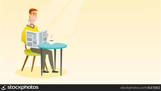 Caucasian man reading a newspaper in a cafe. Young happy man reading news in a newspaper. Man sitting with a newspaper in hands and drinking coffee. Vector flat design illustration. Horizontal layout.. Man reading a newspaper and drinking coffee.
