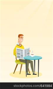 Caucasian man reading a newspaper in a cafe. Young happy man reading news in a newspaper. Man sitting with a newspaper in hands and drinking coffee. Vector flat design illustration. Vertical layout.. Man reading a newspaper and drinking coffee.
