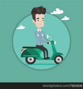 Caucasian man riding a scooter outdoor. Young happy man driving a scooter outdoors. Smiling man enjoying his trip on a scooter. Vector flat design illustration in the circle isolated on background.. Man riding scooter vector illustration.