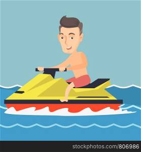 Caucasian man riding on a water scooter in the sea during summer vacation. Adult man sitting on a water scooter. Sport and leisure activity concept. Vector flat design illustration. Square layout.. Caucasian man riding on a water scooter in the sea