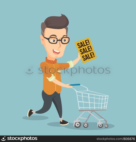 Caucasian man running on big sale. Man holding a paper sheet with sale text. Man with an empty shopping trolley running in a hurry to the store on sale. Vector flat design illustration. Square layout.. Man running in a hurry to the store on sale.