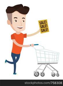 Caucasian man running on big sale. Man holding paper sheet with sale text. Man with empty shopping trolley running to the store on sale. Vector flat design illustration isolated on white background.. Man running in hurry to the store on sale.