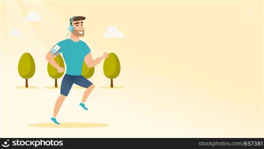 Caucasian man running with earphones and armband for smartphone. Young man using smartphone with armband to listen to music while running in the park. Vector cartoon illustration. Horizontal layout.. Young man running with earphones and smartphone.