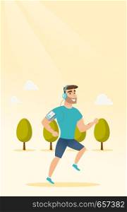 Caucasian man running with earphones and armband for smartphone. Young man using smartphone with armband to listen to music while running in the park. Vector cartoon illustration. Vertical layout.. Young man running with earphones and smartphone.