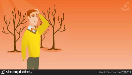 Caucasian man scratching head on the background of dead forest. Dead forest caused by global warming or wildfire. Environmental destruction concept. Vector flat design illustration. Horizontal layout.. Forest destroyed by fire or global warming.