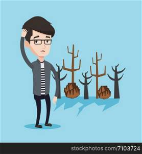 Caucasian man scratching his head on a background of dried trees. Dead forest caused by global warming or wildfire. Concept of environmental destruction. Vector flat design illustration. Square layout. Forest destroyed by fire or global warming.