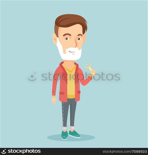 Caucasian man shaving his face. Young man with shaving cream on face and razor in hand. Man prepping face for daily shaving. Concept of daily hygiene. Vector flat design illustration. Square layout.. Man shaving his face vector illustration.
