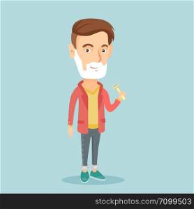 Caucasian man shaving his face. Young man with shaving cream on face and razor in hand. Man prepping face for daily shaving. Concept of daily hygiene. Vector flat design illustration. Square layout.. Man shaving his face vector illustration.