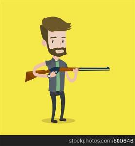 Caucasian man shooting skeet with shotgun. Hunter ready to hunt with hunting rifle. Hipster man aiming with a hunter gun. Hunter holding a long rifle. Vector flat design illustration. Square layout.. Hunter ready to hunt with hunting rifle.