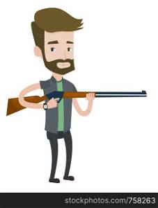 Caucasian man shooting skeet with shotgun. Young hunter ready to hunt with hunting rifle. Hipster hunter aiming with a hunter gun. Vector flat design illustration isolated on white background.. Hunter ready to hunt with hunting rifle.