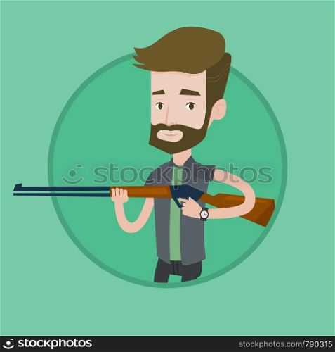 Caucasian man shooting skeet with shotgun. Young hunter ready to hunt with hunting rifle. Hipster hunter aiming with a hunter gun. Vector flat design illustration in the circle isolated on background.. Hunter ready to hunt with hunting rifle.